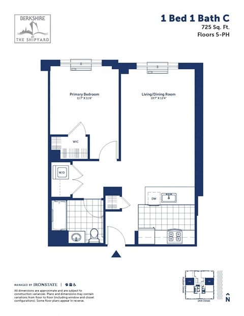 Floor plan for 1 bed, 1 bath, 725 sqft